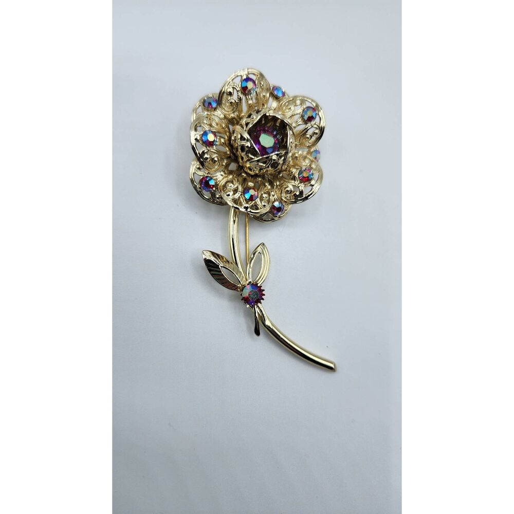 Vintage Sarah Coventry Signed AB Rhinestone Flower Brooch Gold-tone Red Sz 3.75"